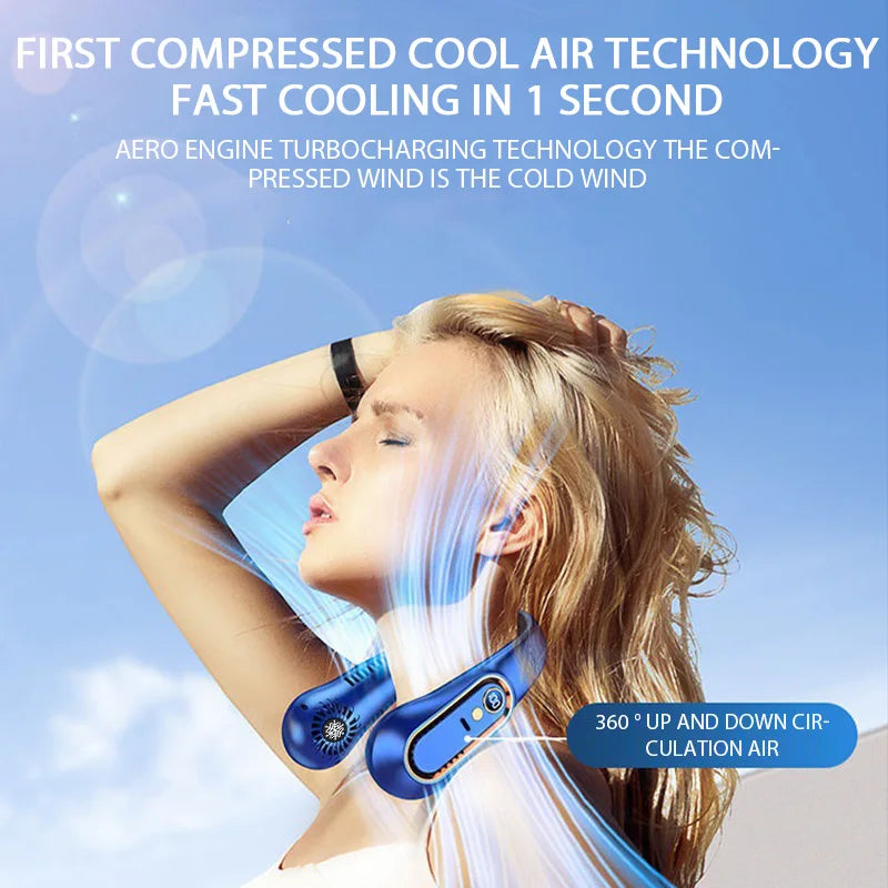 Portable Bladeless Neck Fan with Digital Display – USB Rechargeable, Hands-Free Cooling for Travel, Sports & Outdoor Use